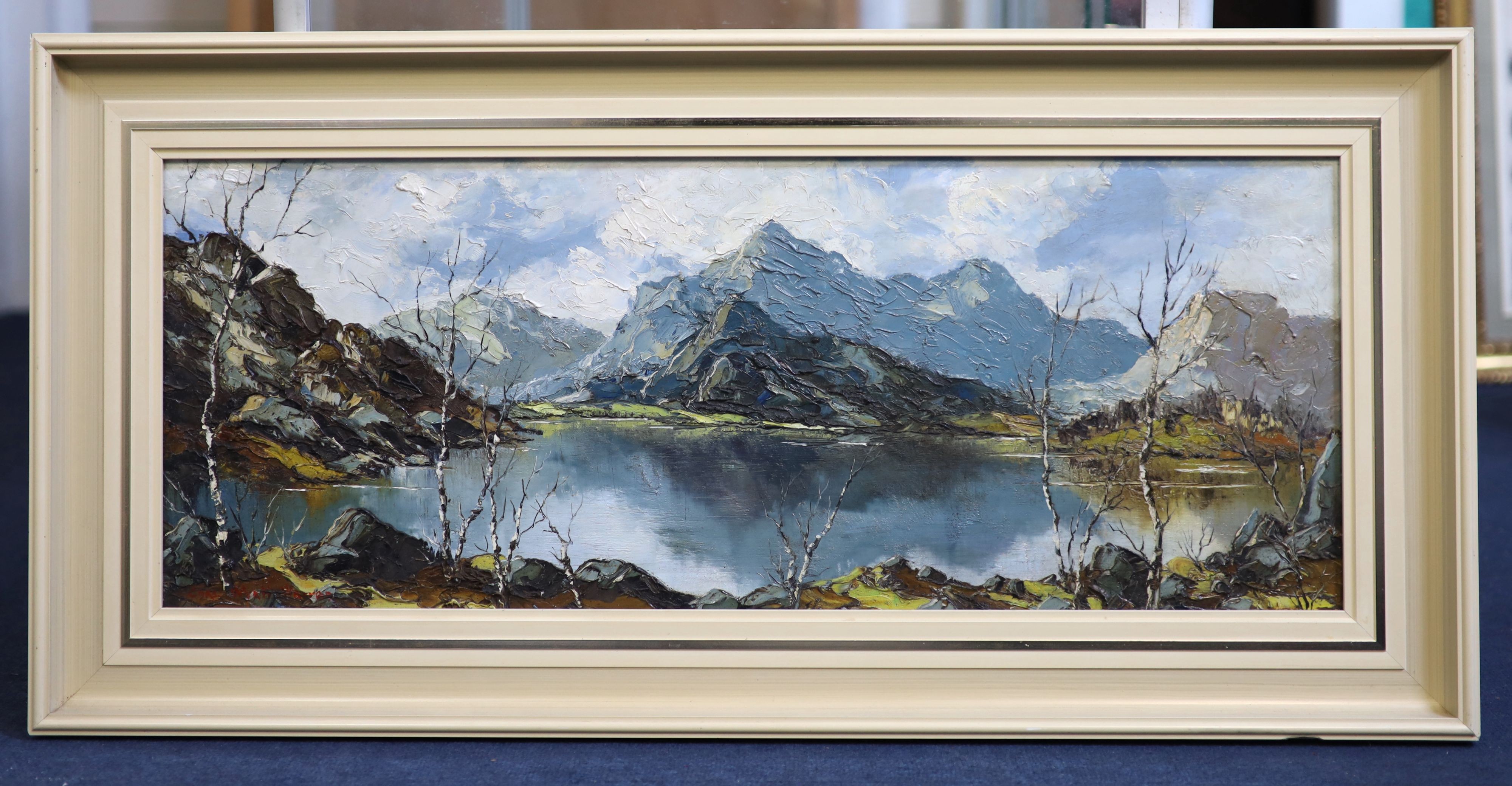 Wyatt Warren (1908-1993), Snowdon from Llyn Padarn, oil on board, 29 x 74cm